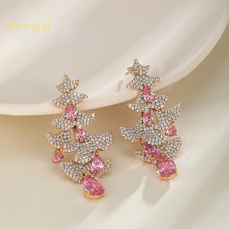 

Shining U Luxury Full Gems Dangle Earrings Ginkgo Leaf Fashione Jewelry for Women Party Gift