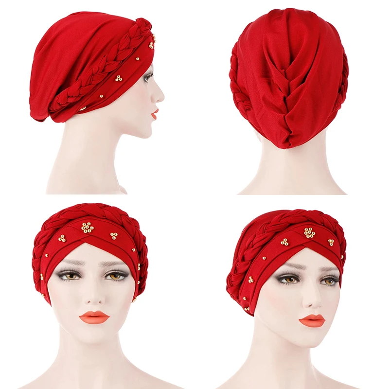 

2023Women's Hair Care Islamic Jersey Head Scarf Milk Silk Muslim Hijab Beads Braid Wrap Stretch Turban Hat Chemo Cap Head Wrap