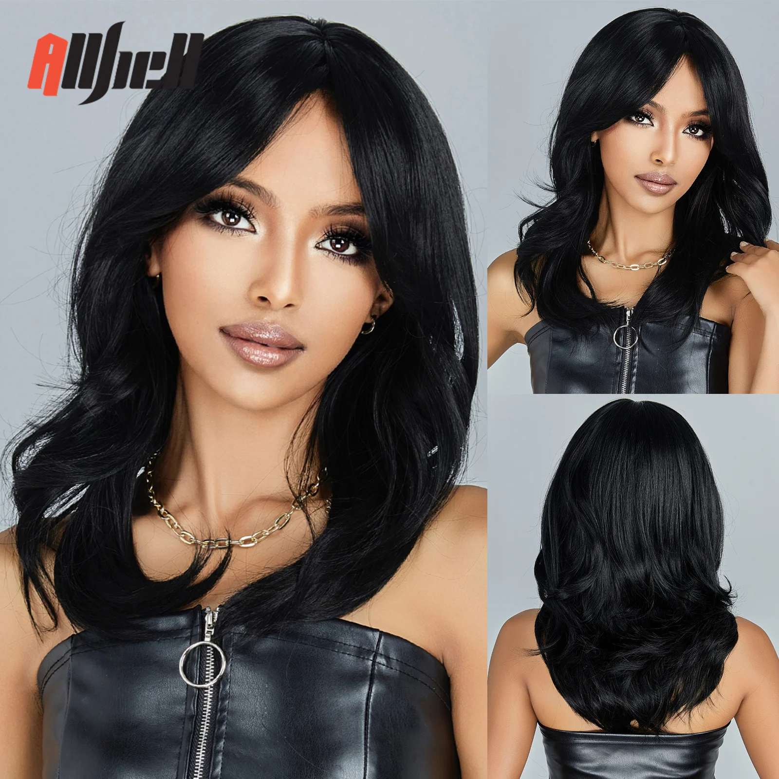 Medium Length Natural Black Wavy Synthetic Wigs with Side Bangs Daily for Women Afro Party Heat Resistant Fiber Hair Wigs