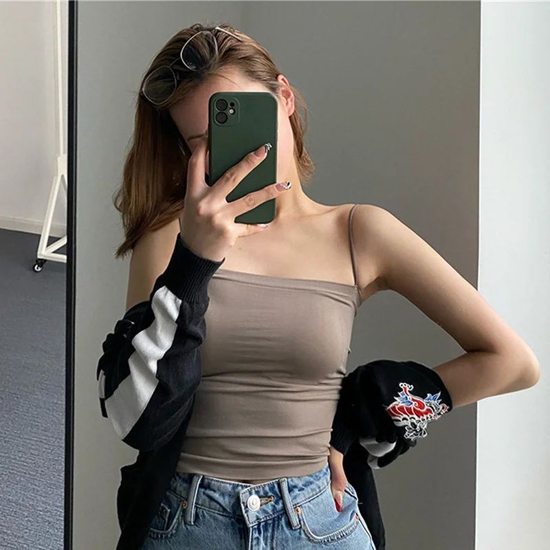 

Basic Spaghetti Strap Tank Top Bra Summer White Tops For Women 2022 Backless Slim Sleeveless Camisole Cropped Tops