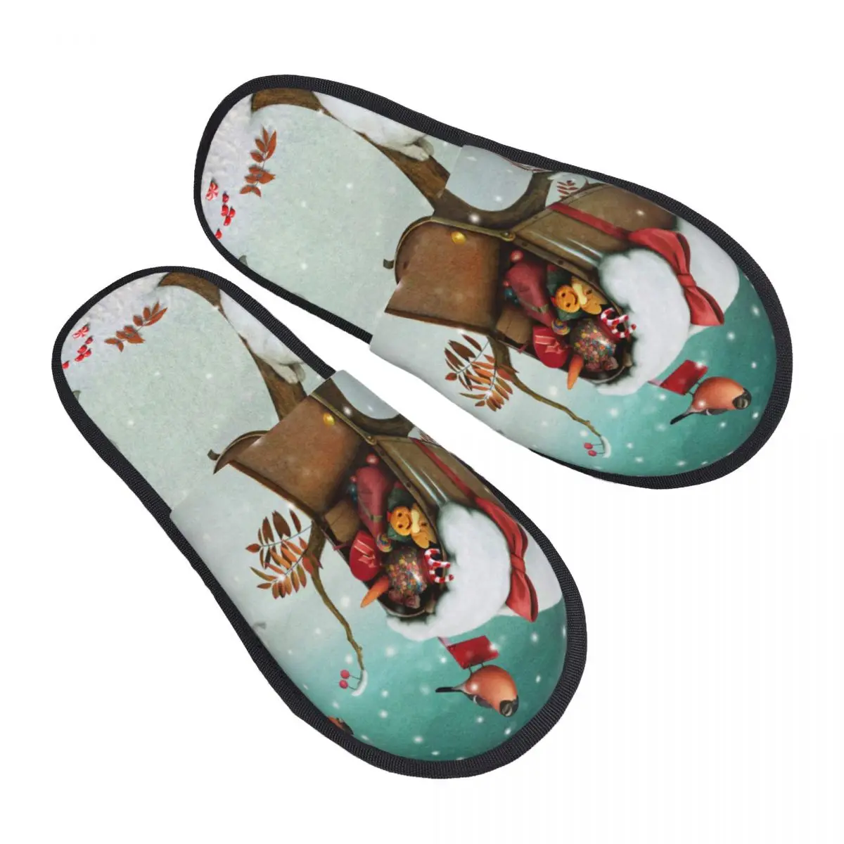 

Plush Indoor Slippers Christmas Mailbox And Rabbits In Winter Forest Warm Soft Shoes Home Footwear Autumn Winter
