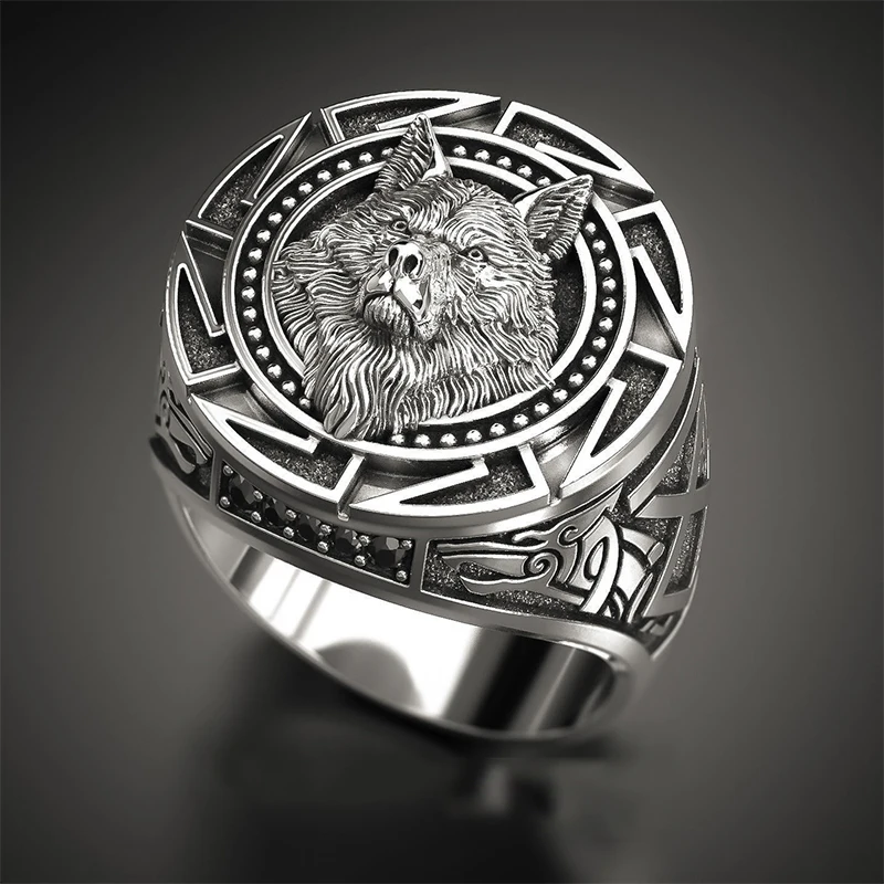 

Retro Wolf Totem Norse mythology Viking warrior Wolf head Men's Ring Crown Lion Shield Badge ring wizard hunter Wolf Claw ring