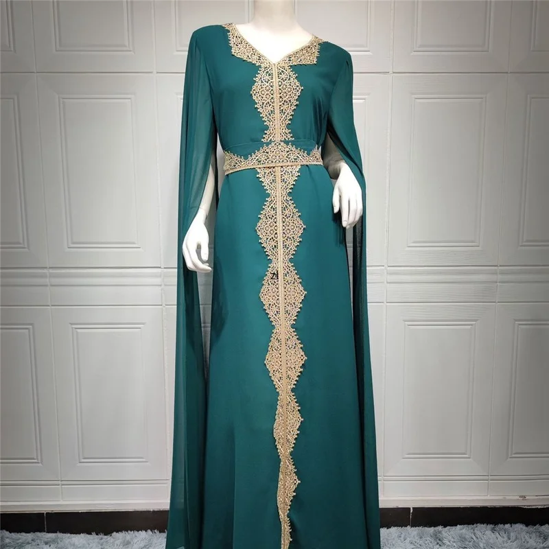 Fashion Women Muslin Dress Mid-east Dubai Jalabla Bat Sleeve Printing Patchwork V-neck Pullover Elegant Ladies Dress For Summer