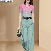 new summer style womens business casual 2 piece set short sleeve shirt blouse and wide leg pants office work wear pants suits