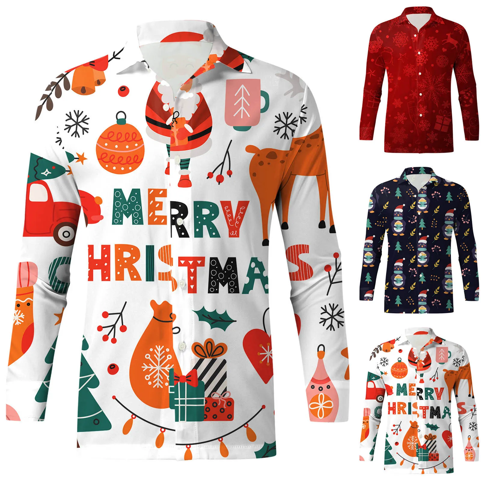 

Cartoon Gifts Print Christmas Shirt Men Brand Slim Fit Long Sleeve Mens Dress Shirts Stage Daily Casual Christmas Chemise Homme