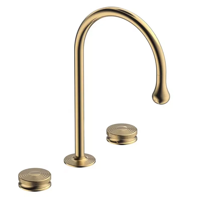 

Luxury Brsuhed Gold Basin Faucet Double Handle Cold and Hot Deck Mounted Grey Tap 3 Holes All Brass Five-year Warranty