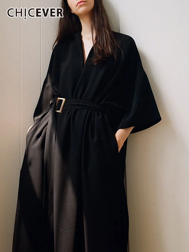 

CHICEVER Black Patchwork Belt Dresses For Women V Neck Half Sleeve High Waist Folds Elegant Dress Summer Fashion Clothing 2022