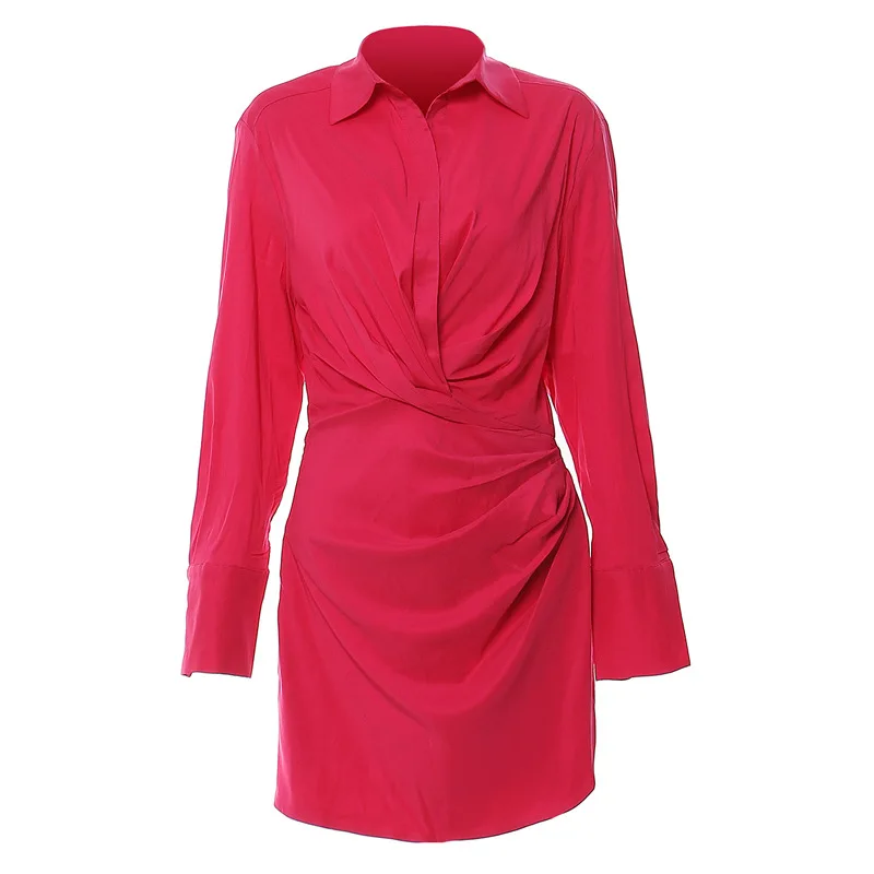

SuperAen 2022 Autumn and Winter Pleated Asymmetrical Shirt Dress Turn-down Collar Solid Color Fashion Dress