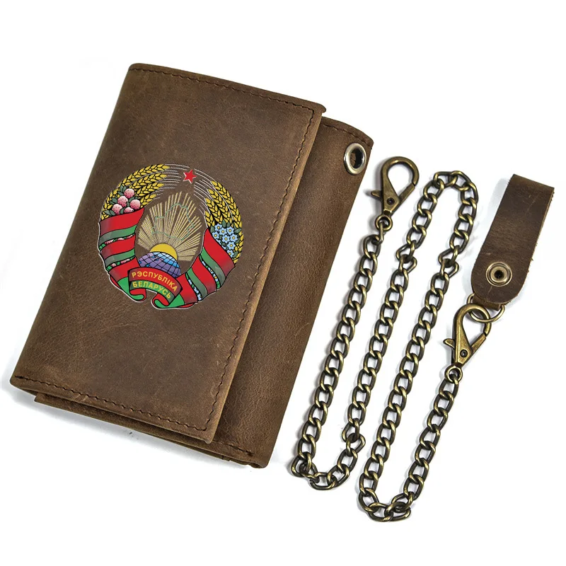 High Quality Men Genuine Leather Wallet Anti Theft Hasp With Iron Chain Republic of Belarus Cover Card Holder Short Purse