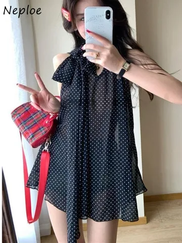 Neploe Корейская офисная женская шифоновая рубашка на шнуровке средней длины, элегантные свободные блузки с бантом в горошек, повседневные милые блузки принцессы