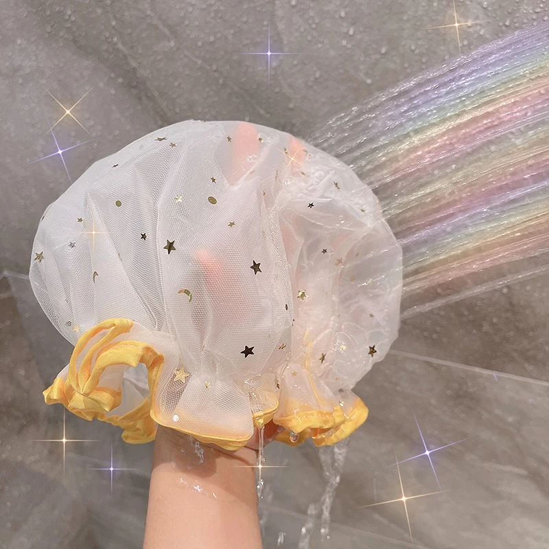 

1pc Waterproof Shower Cap shining star Hat Elastic Bath Hat Reusable hair wrap For Women Spa Salon Bathroom Supplies Accessories