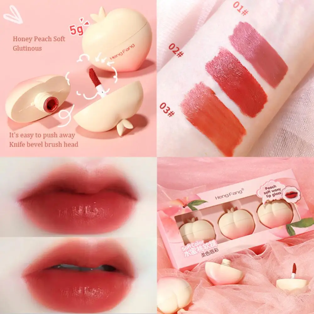 

Peach Lip Gloss 3pcs Waterlight Mirror Lip Glaze Set Velvet Sexy Red Lipstick Waterproof Non Stick Cup Lip Tint Makeup Cosmetic