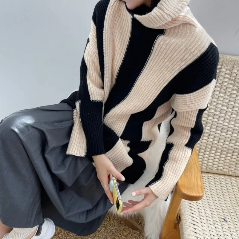 

Винтажный свободный женский свитер в полоску, осенне-зимняя одежда, водолазки с длинным рукавом, трикотажная одежда, женские пуловеры