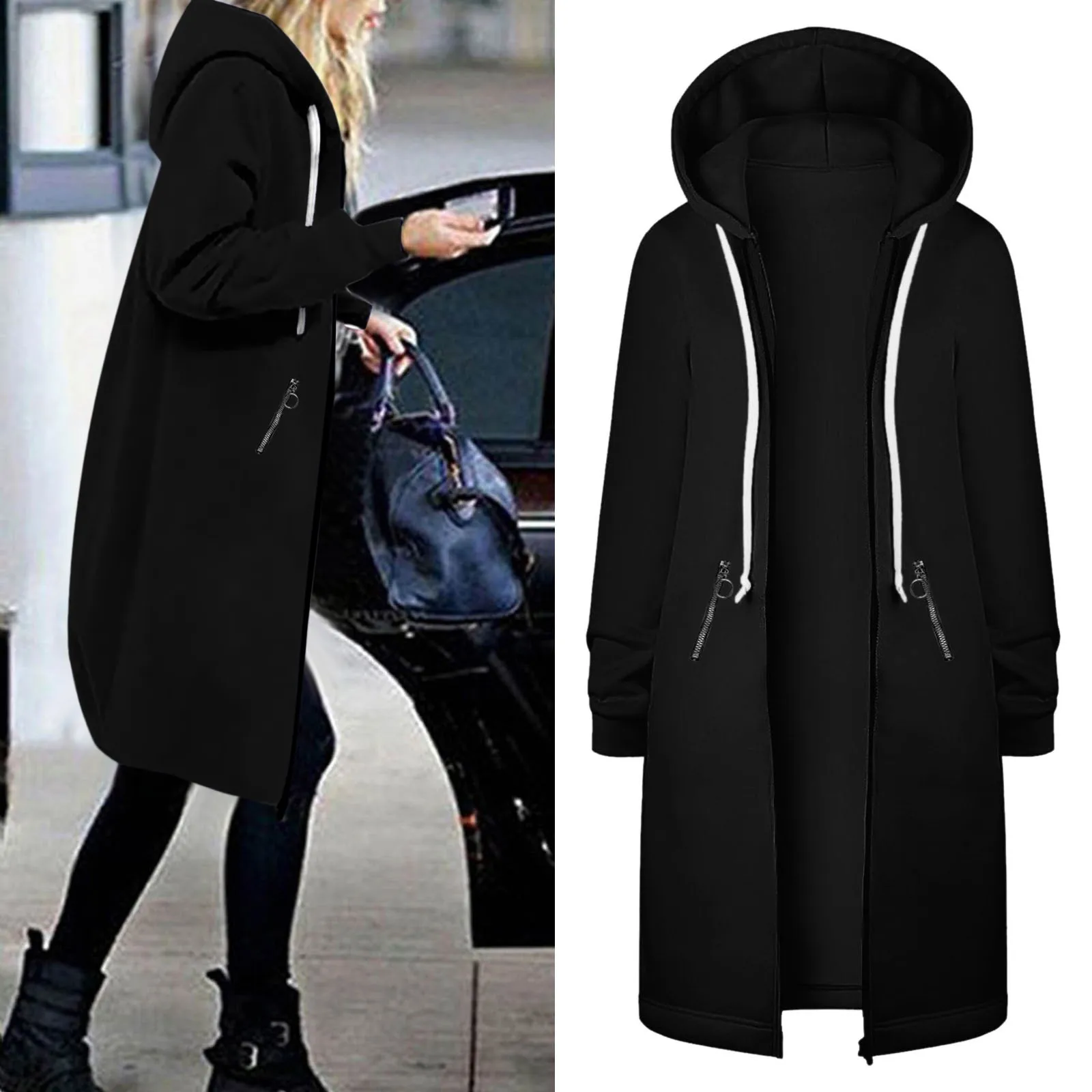 

Women's Simplicity Long Version Jacket Casual Fashionable Solid Color Hooded Zipper Pocket Feminine Sweater