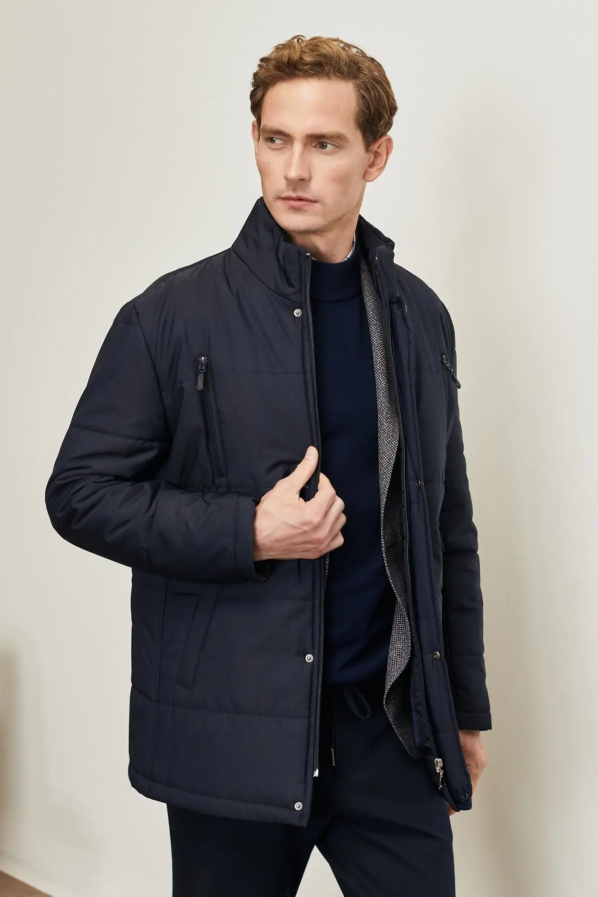 

Мужское зимнее пальто на молнии, темно-синее