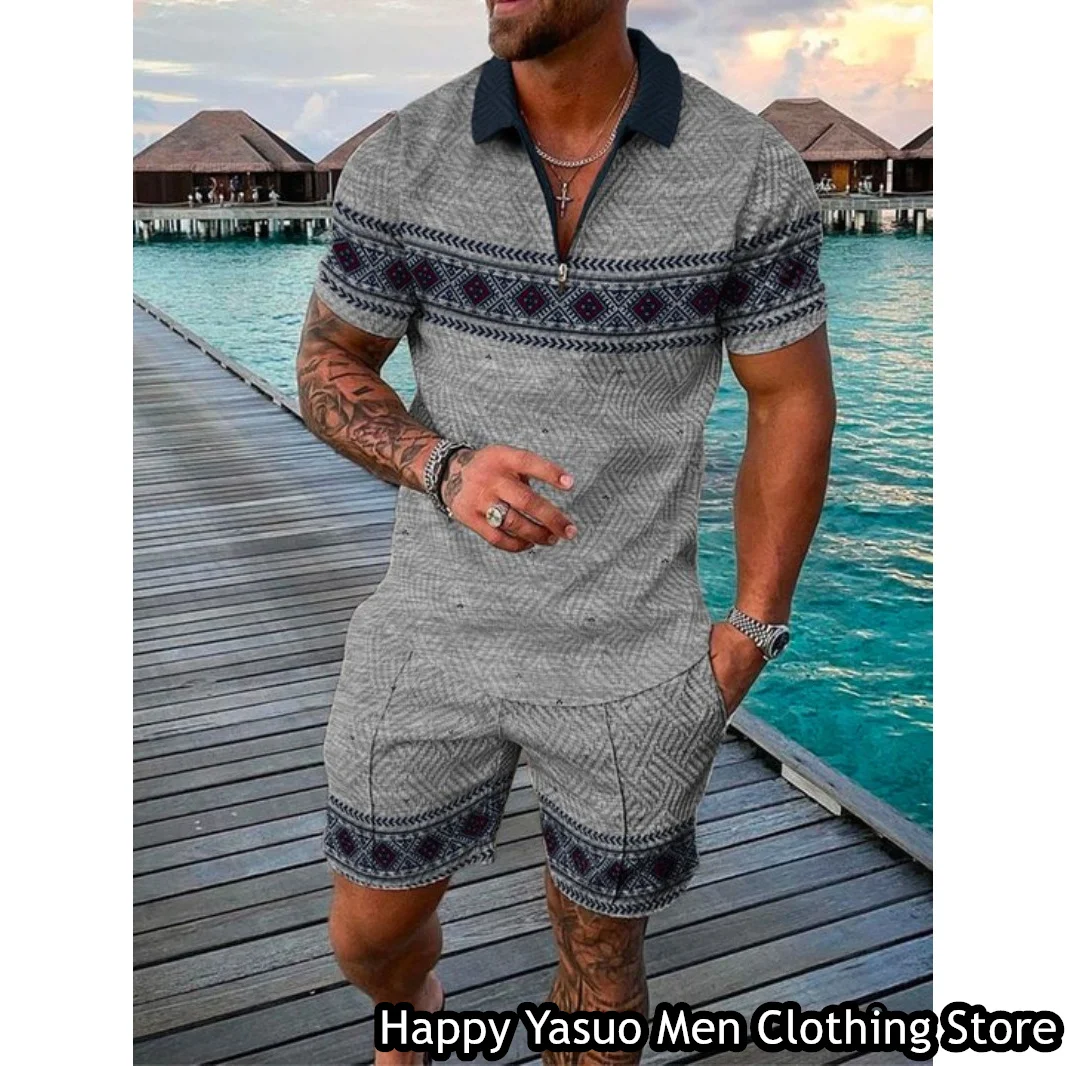 New Summer Men Vintage Polo Shirt Set 2 Pieces Turn Down Collar Tracksuit Fashion Outfit Male Casual Suit Retro Style Clothing