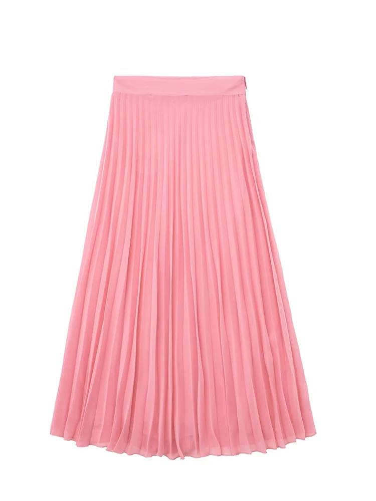 

YENKYE 2023 Women Fashion With Lining Pleated Midi Skirt Vintage High Waist Side Zipper Female Pink Chiffon Skirts Mujer