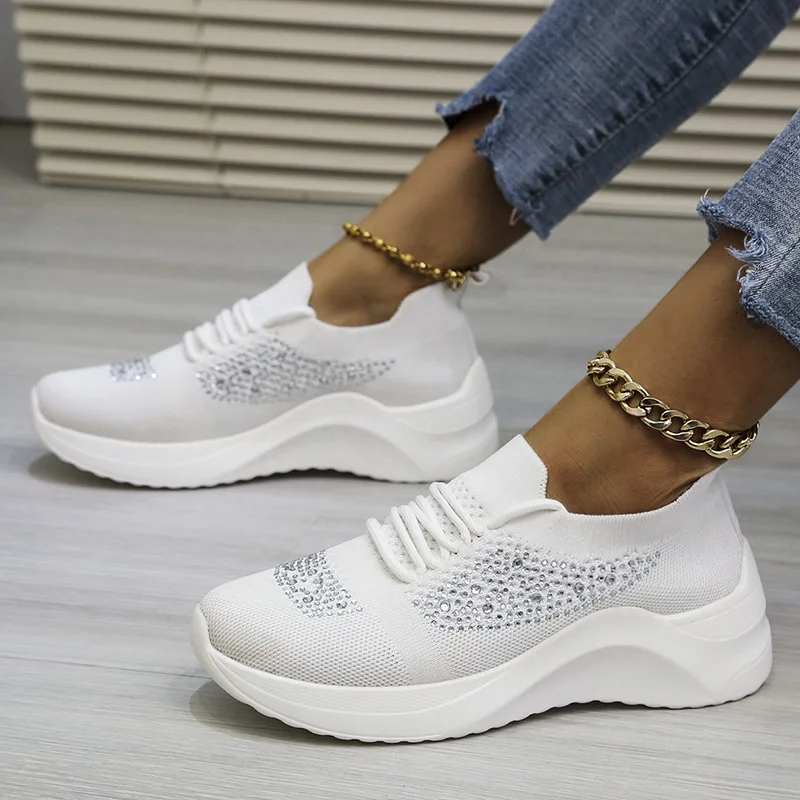 

Large size Women's Sneakers Elastic Sports Tennis Shoes 2022 Fashion Rhinestone Mesh Breathable Casual Platform Shoes Ladies