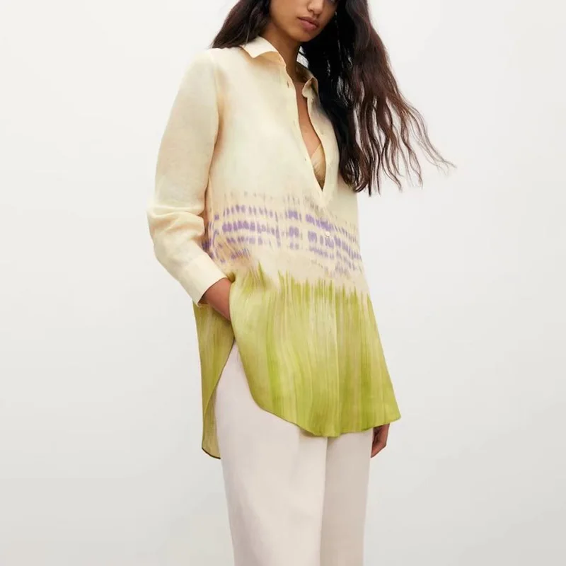

2022 New Spring Summer New Long-sleeved Loose Blouses Elegant Fashion Linen Women Shirts High Quality Tie-dyeing Pretty Top