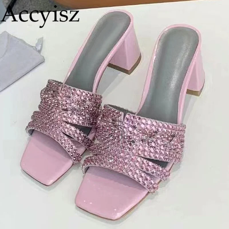

Summer Shiny Rhinestone Slippers Women Genuine Leather Wear Outside Vacation Slippers Party Banquet Dress Shoes Thick-sole Pumps