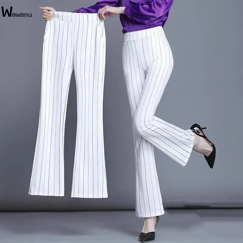 

Summer Vintage Slim High Waist Flare Pants Mother Formal Stretch Suit Pantalones De Mujer Office Lady Black Stripe Pants Women