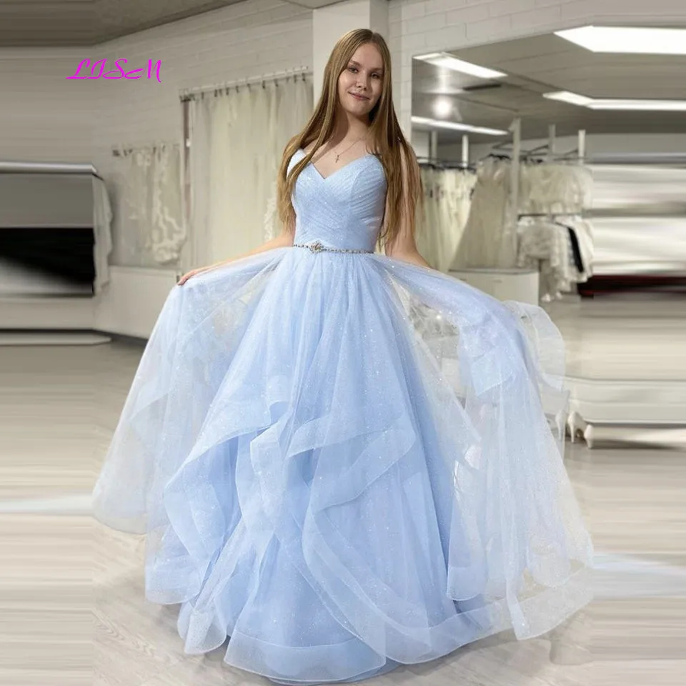 

Blue Sweetheart Tulle Long Prom Dress Sleeveless Ruffled Evening Dresses Glitter Princess Prom Party Gowns