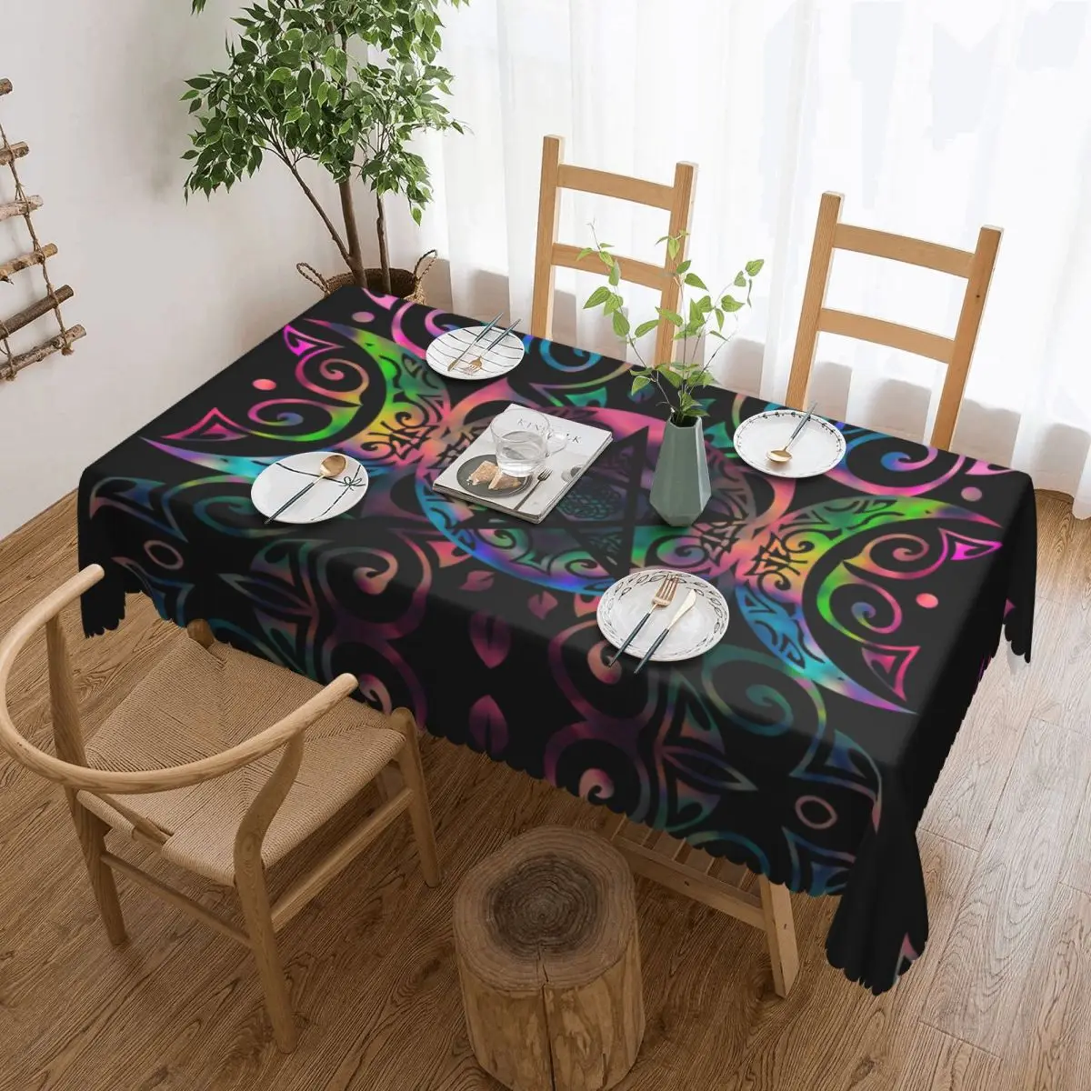 

Trendy Triple Moon Goddess Tablecloth Rectangular Waterproof Pentagram Pagan Wiccan Table Cover Cloth for Banquet