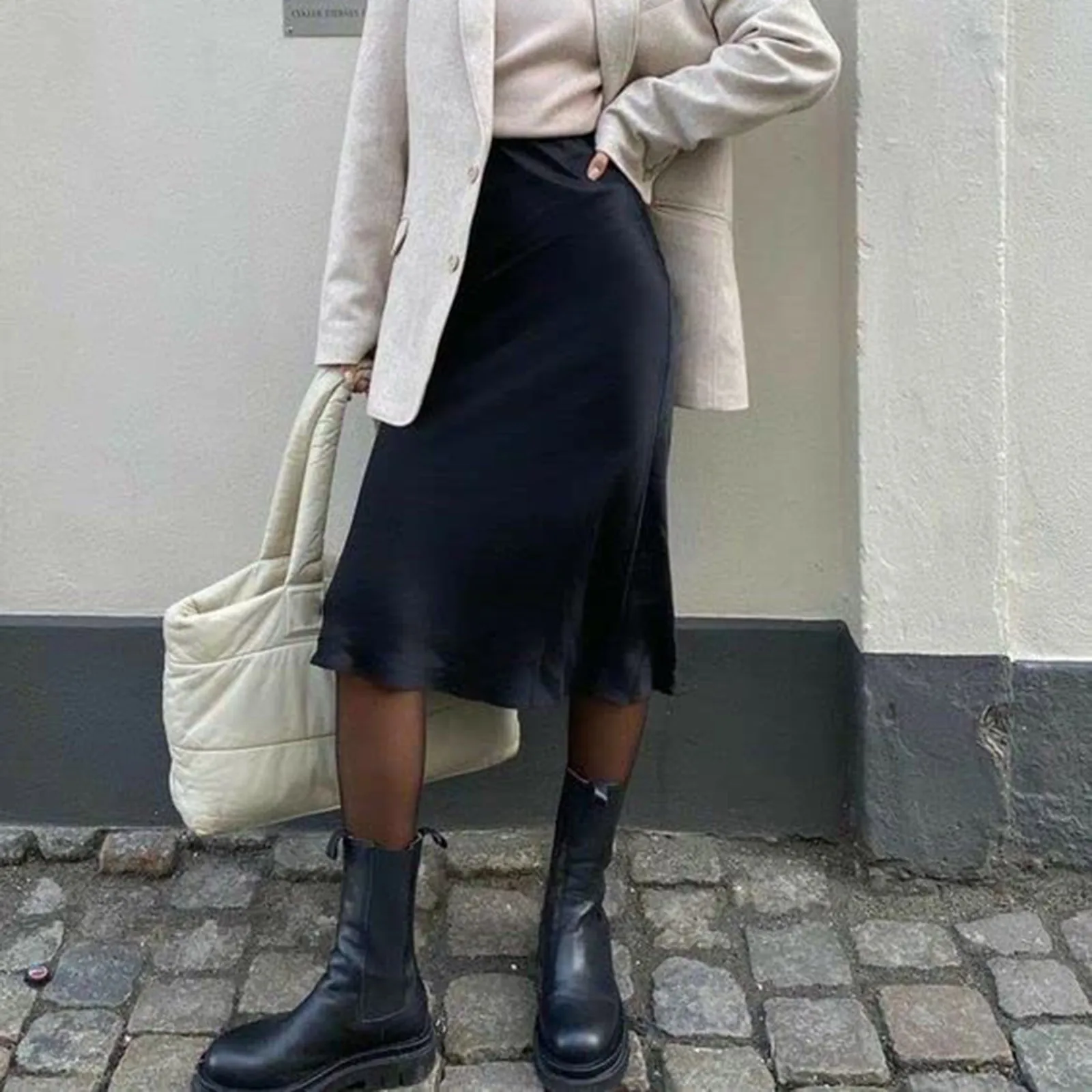 Женская атласная юбка средней длины элегантная однотонная трапециевидная