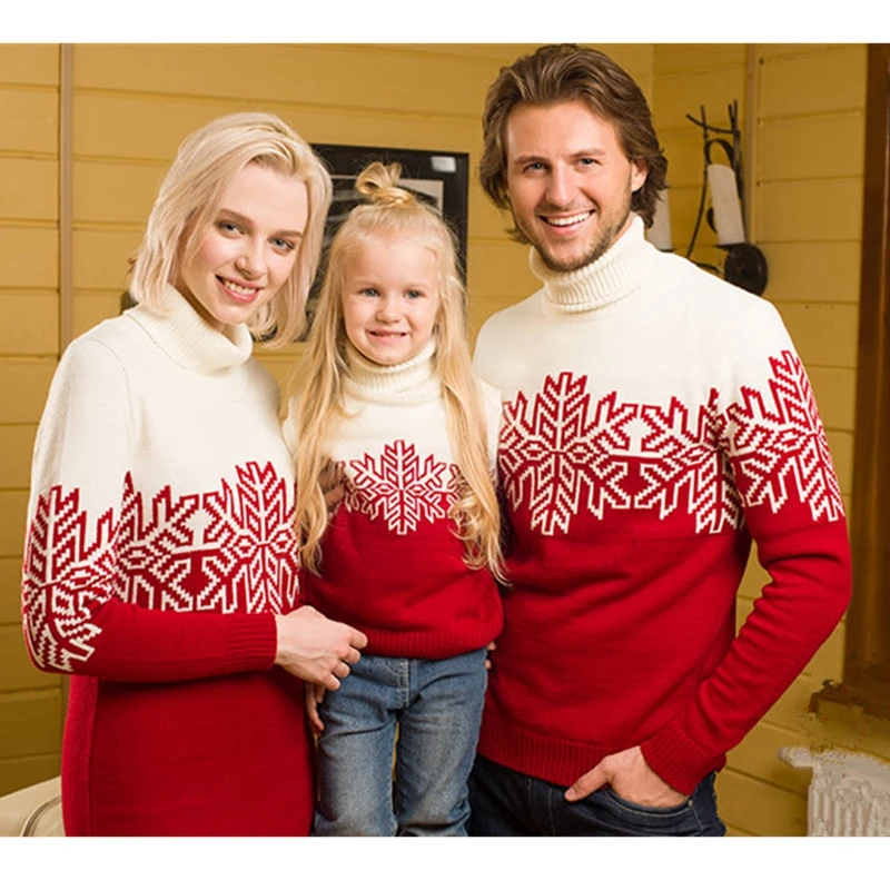 

Christmas Family Matching Sweaters Snowflake Print Mother Knit Dress Dad Kids Jumpers Thick Turtleneck Sweater Xmas Family Look
