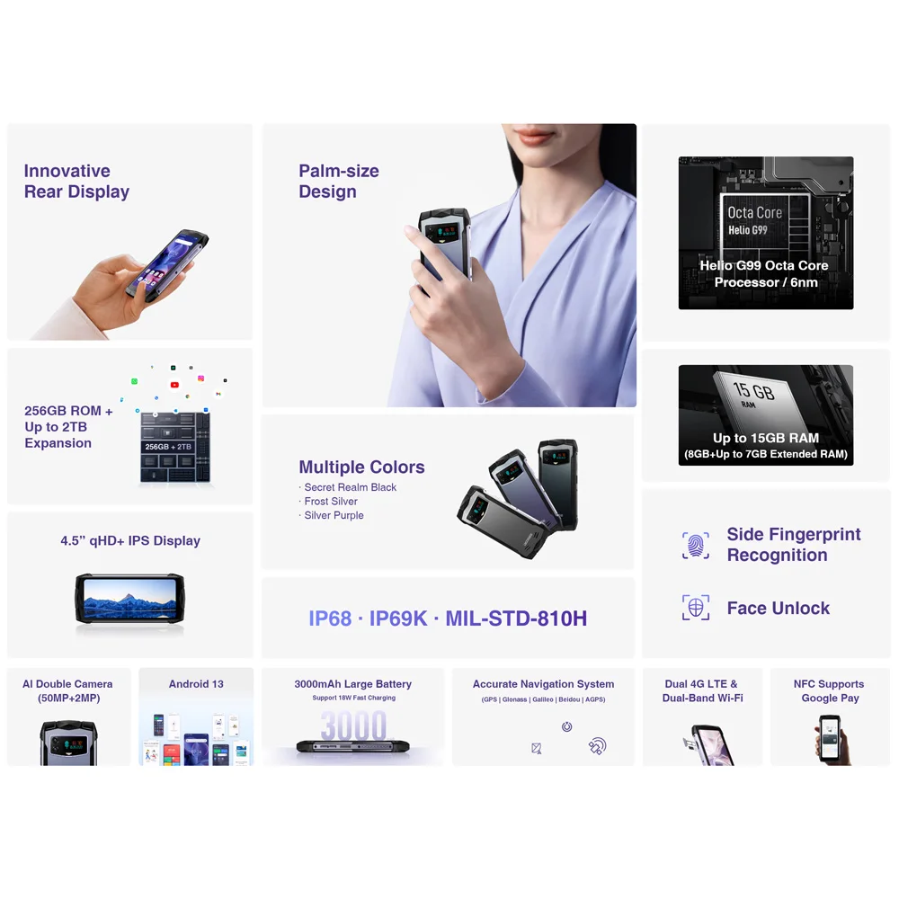 Смартфон DOOGEE S mini защищенный, 4,5 дюйма, qHD + IPS, 50 МП, 3000 мАч,  Android 13, Helio G99, 8 + 256 ГБ, две Sim-карты