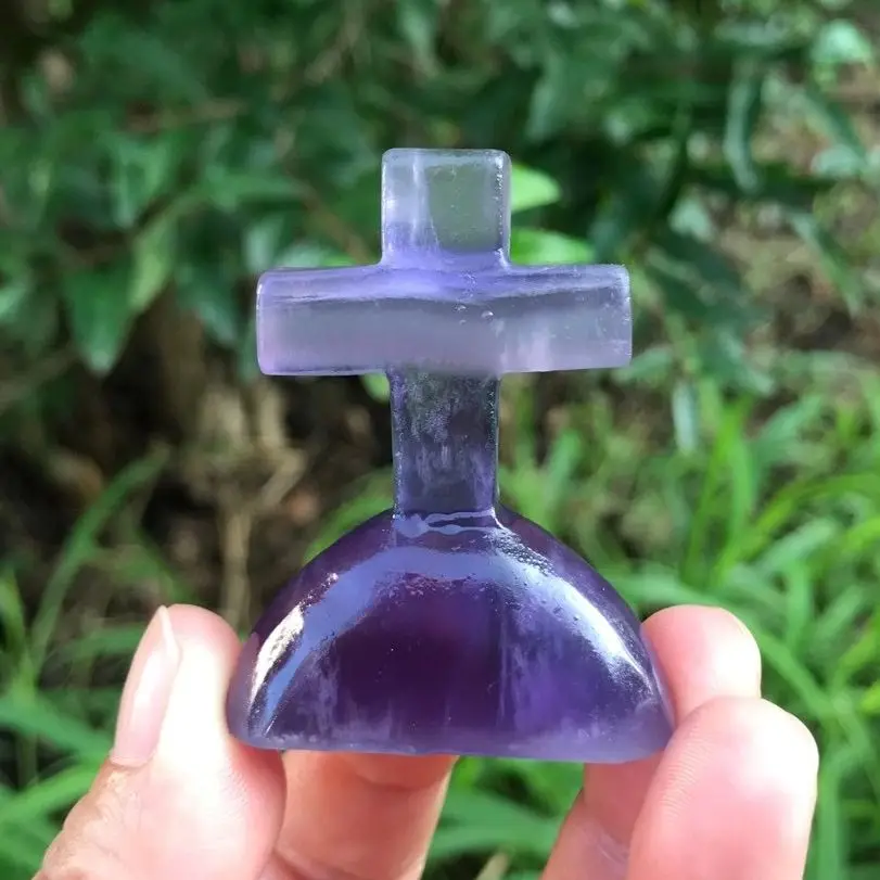 

5cm Natural Fluorite Purple fluorite Carved Cross Jesus Amulet Pendant Stand on base fluorite stones Jewelry