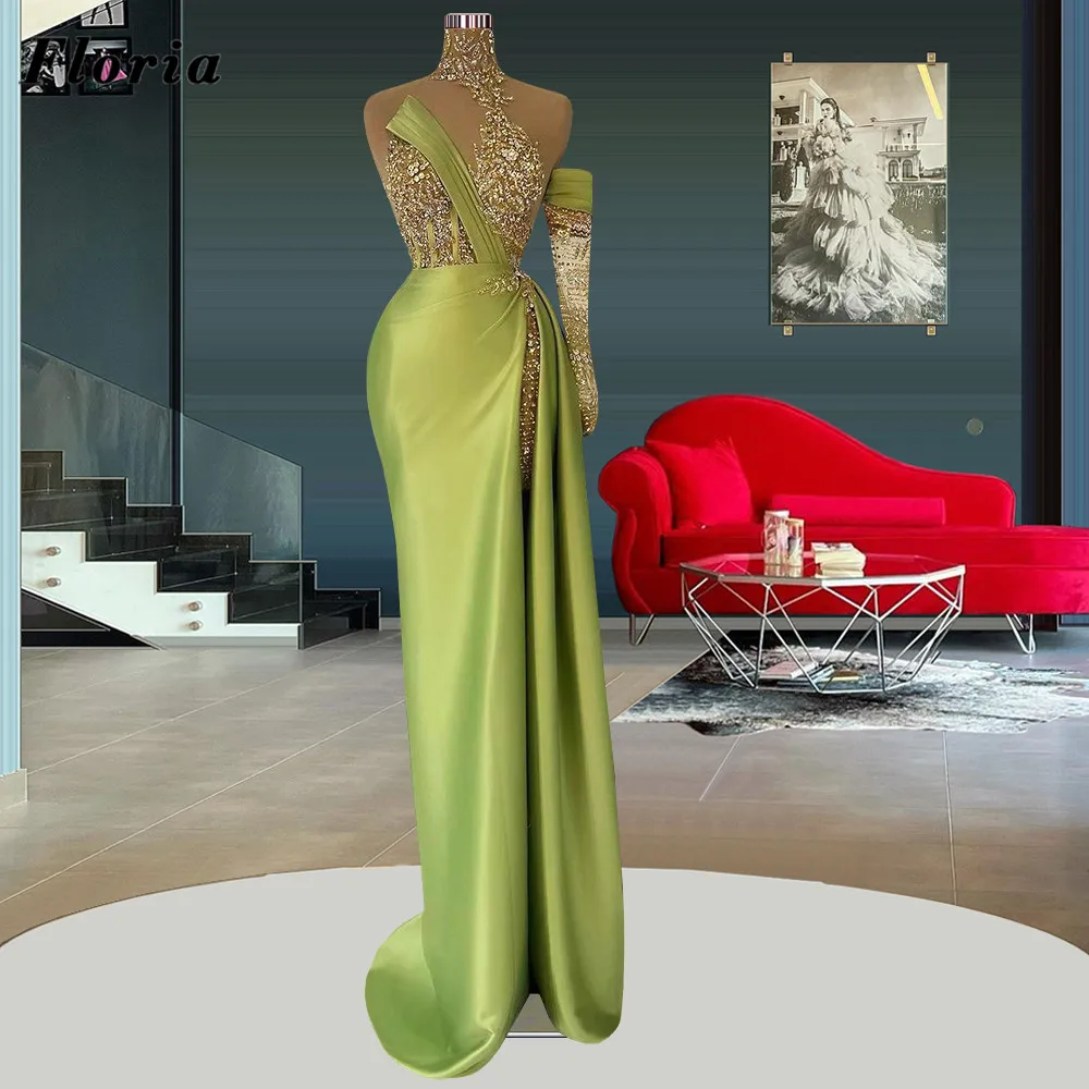 

Floria Customize One Sleeves Evening Gowns For Weddings 2023 New Fashion Celebrity Dress Beaded Long Satin Prom Party Dresses