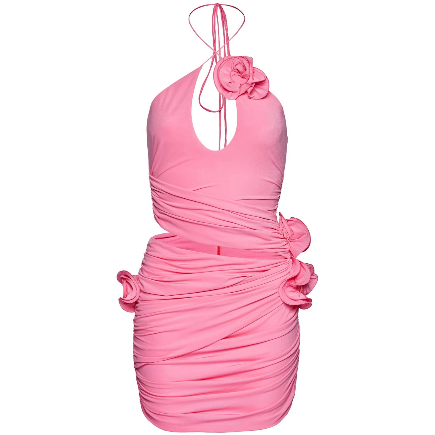 

Ruched Stretch Jersey Dress Halter Pink Satin Dress Flowers Open Back Women Clothing Custom Made Mini Dress Bodycon Dresses