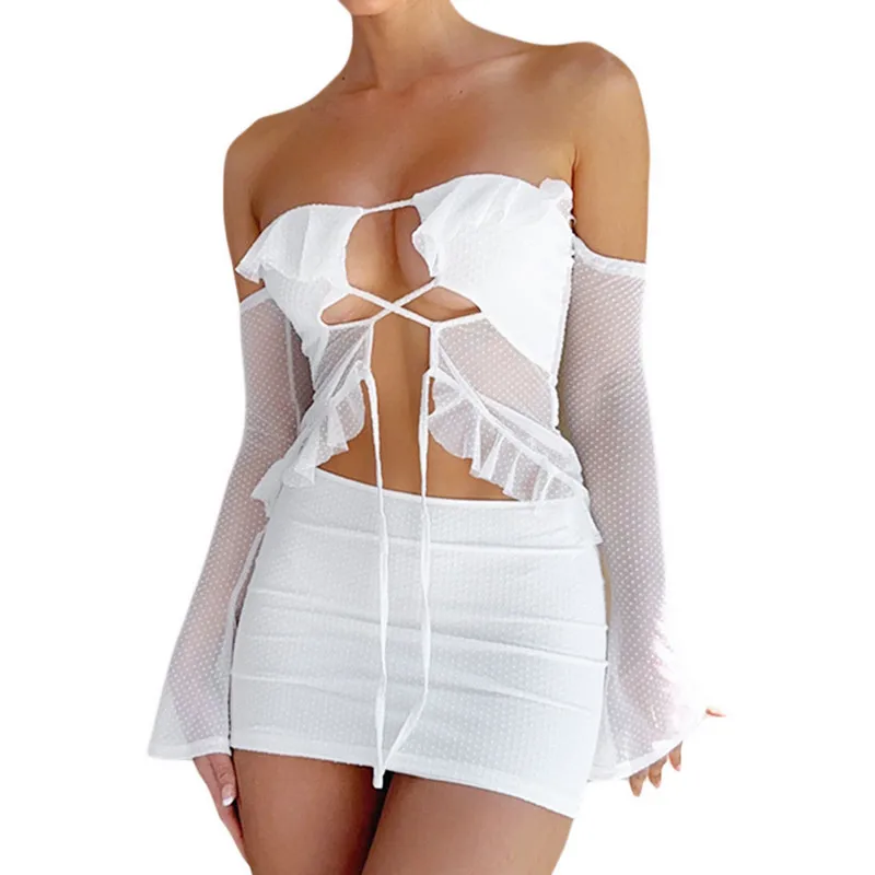

Women Two Piece Skirt Sets Summer Clothes See Through Long Sleeve Solid Color Drawstring Bandage Off Shoulder Shirt and Skirt