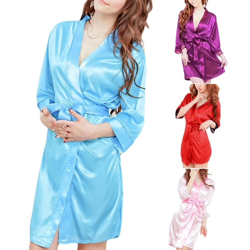 

Women's Short Kimono Style V-Neck Bathrobe Plain Dressing Gown Bridal Party Robe L21E