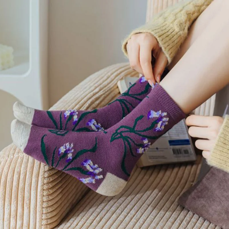 5 Pair Cashmere Purple Flowers Print Women Socks Street Style Cute Long Winter Wool Socks Fashion Comfortable Skateboard Cycling