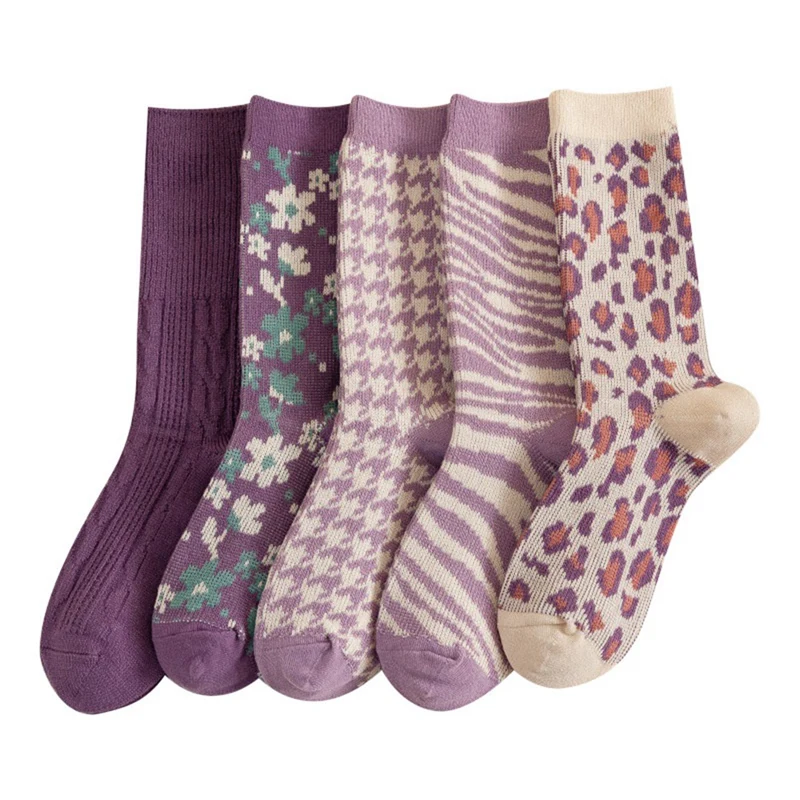 

Hot Kf-5 Pairs Autumn And Winter Double Needle Double Road Socks Women's Tube Socks Purple Series Women's Socks