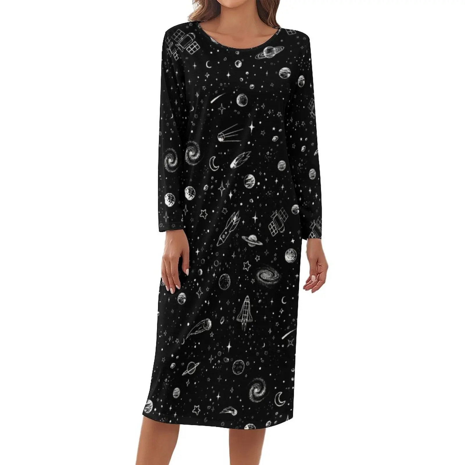 

Moon Star Pajama Space Long Sleeve New Night Dress Lady Pattern Retro Sleepwear