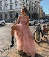 v neck prom dresses 2023 handmade beaded sequins pageant party women wear backless sexy long tulle evening gowns