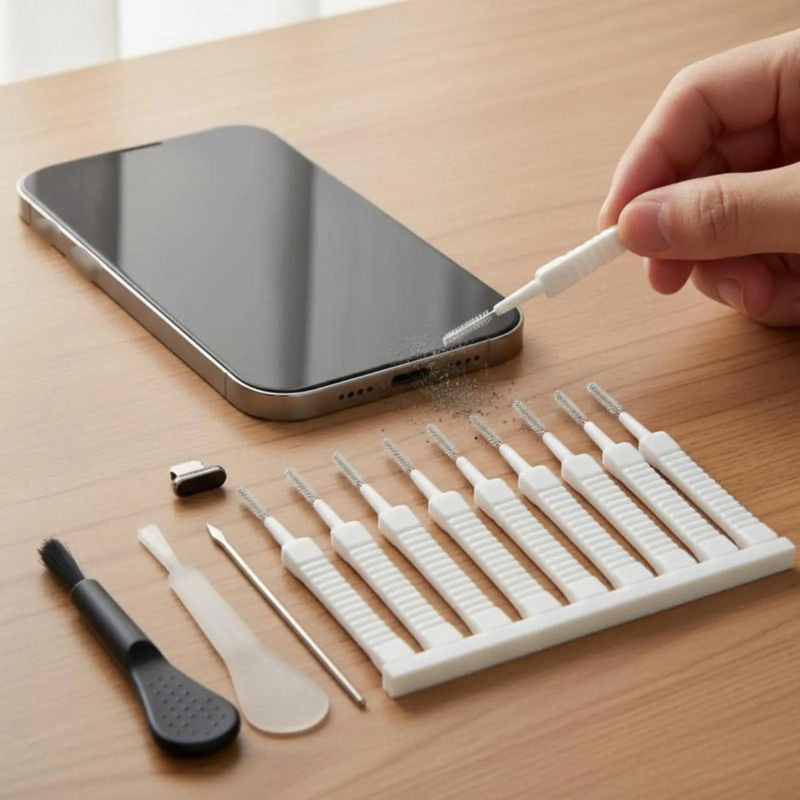 Фото Набор для чистки портов USB-C, 12 предметов: ультратонкие щетки, щетка для чистки портов USB-C, очиститель от пыли для динамиков, безопасное для устройств средство для ухода без царапин №1