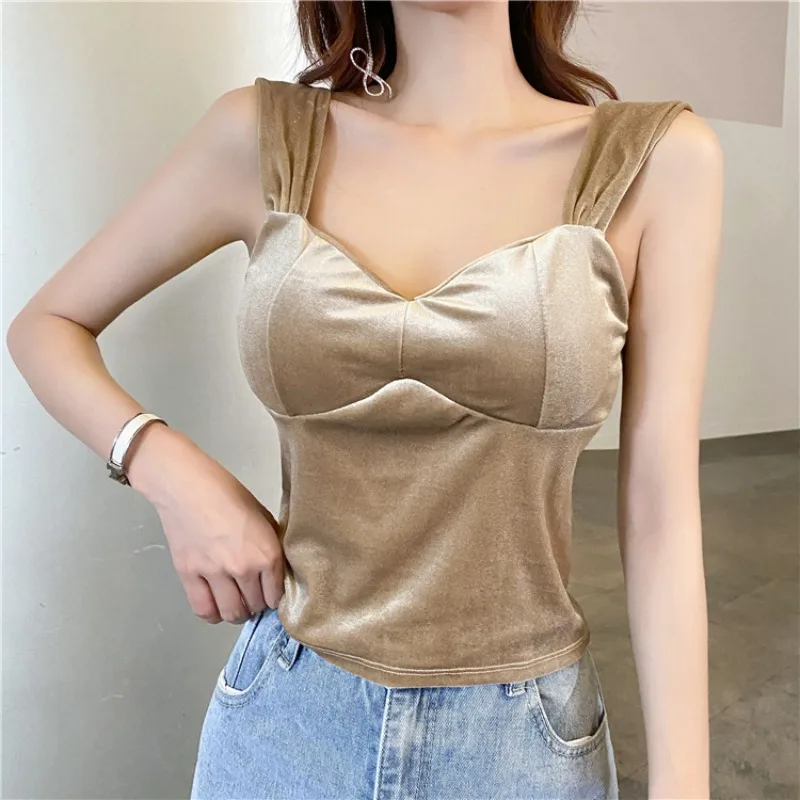 

Velvet Camisole Female Korean Fashion Built In Bra Solid Color Backless Camis Woman Strap Off Shoulder Tank Top Dropshipping