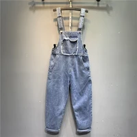 2022 summer new raw edge large pockets casual age reduction denim overalls loose high waist harem jumpsuit