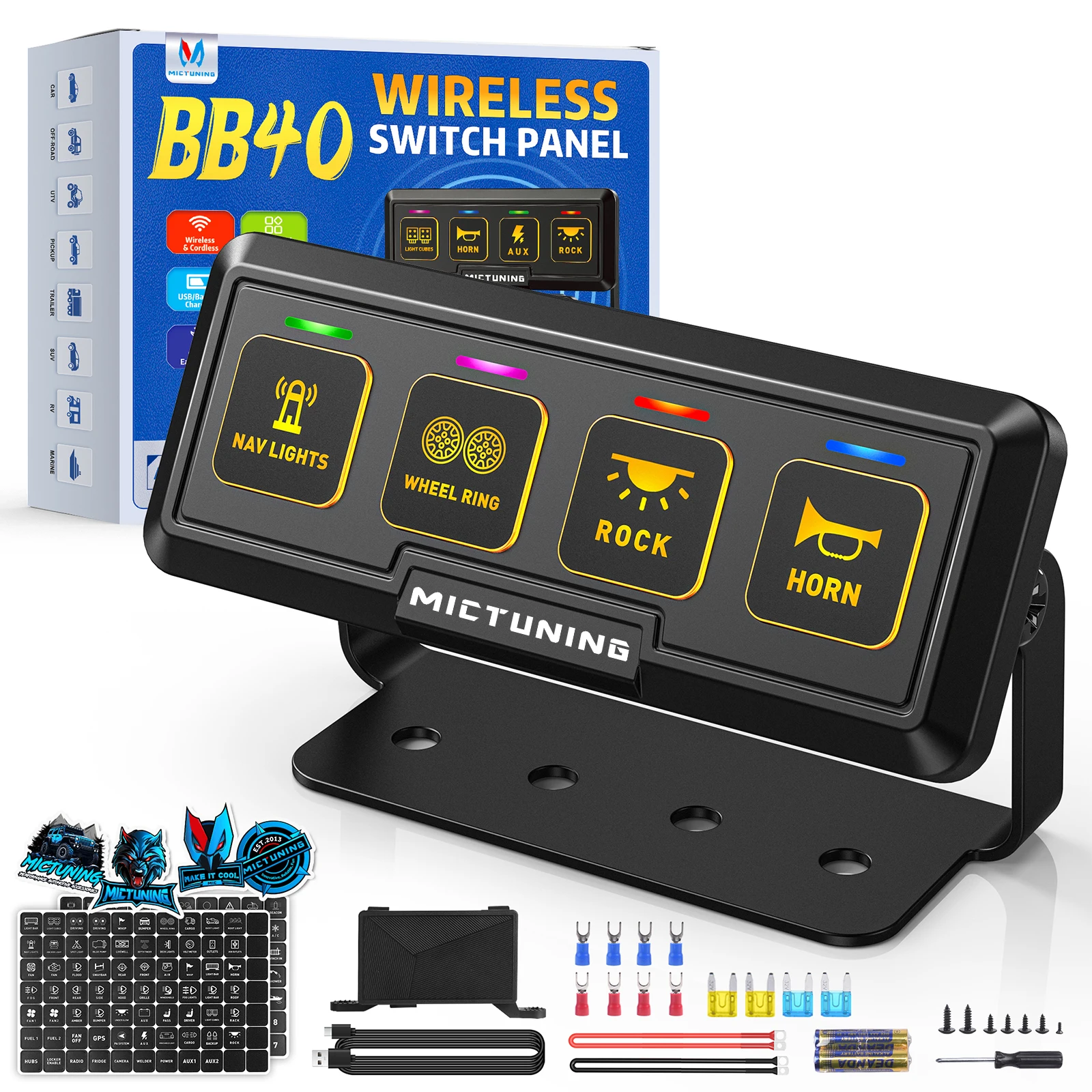 Фото Беспроводная панель управления MICTUNING BB40 на 4 кнопки, радиус действия 164 фута, режимы переключения, мгновенного действия и стробоскопа для грузовиков, автодомов, внедорожников, морского транспорта №1