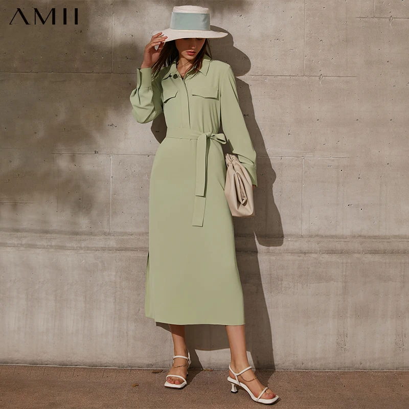 

Amii Minimalism Summer Women's Dress Offical Lady Solid Lapel Aline Long Women's Chiffon Dress Causal Dress For Women 12170042