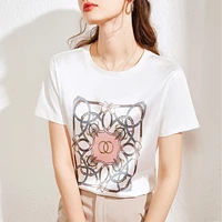 2022 new summer silk satin short sleeve t shirt womens printed korean loose fashion white top