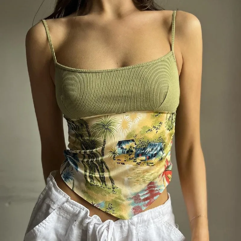 

Print Green Ribbed Tank Top Graphic Camisole Cute Summer Clothes Irregular Backless Crop Tops Woman 2023