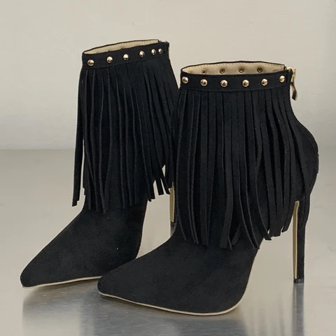 Eilyken/Новый дизайн, женские ботильоны на молнии с заклепками и кисточками в стиле панк, туфли на тонком высоком каблуке с острым носком, вечерние туфли для выпускного вечера