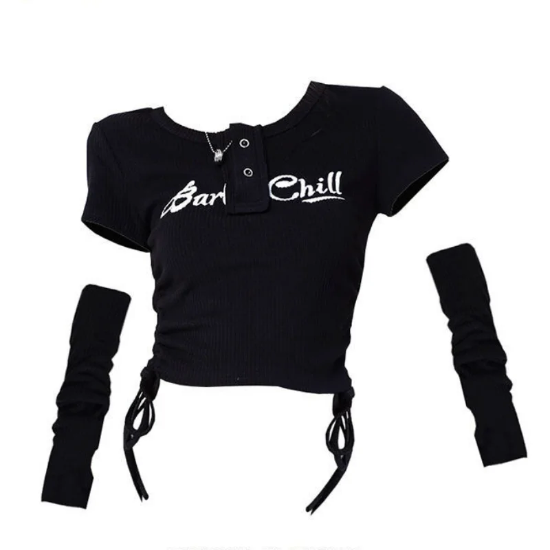 

Y2k Clothes Fashion High Street Tees Chic Buttons Summer O Neck with Sleeve Crop Top Letter Print Drawstring Slim Women T-shirts