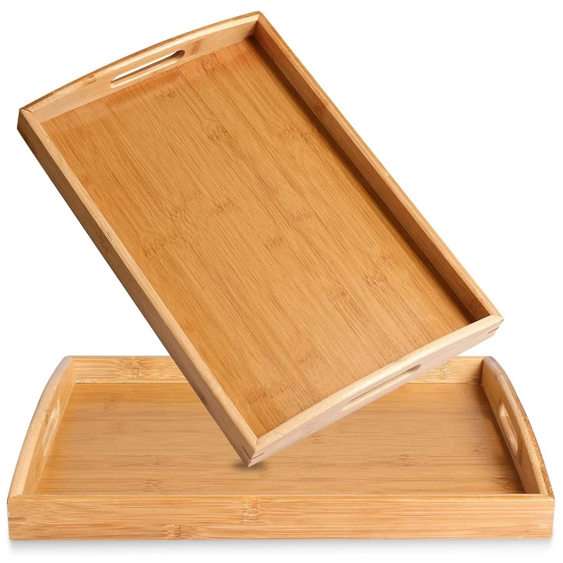 

2 Pack Bamboo Serving Tray With Handles,Portable Bed Tray For Breakfast Dinner, Eating Trays For Living Room,Restaurants