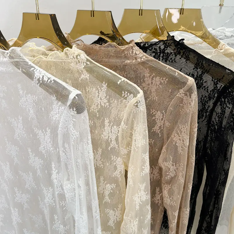 Y2k Однотонные блузки с воротником-стойкой и краями кружевные слегка прозрачные